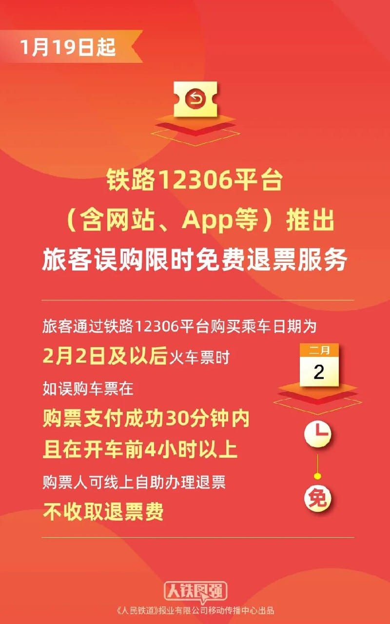 铁路 12306 推出误购限时免费退票服务