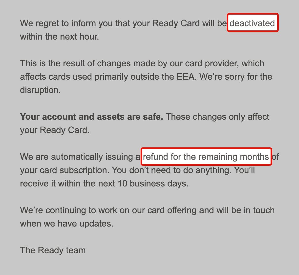 加密卡 Ready Card 宣布停用退费，非 EEA 用户受影响