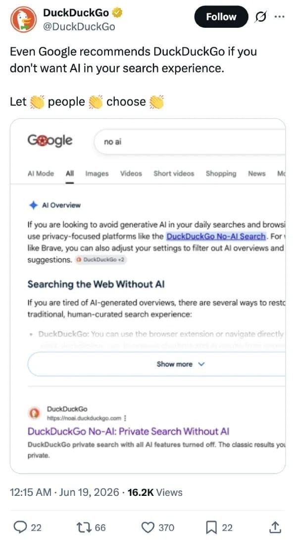 神助攻：谷歌自家 AI 建议用户改用 DuckDuckGo 避开 AI 内容