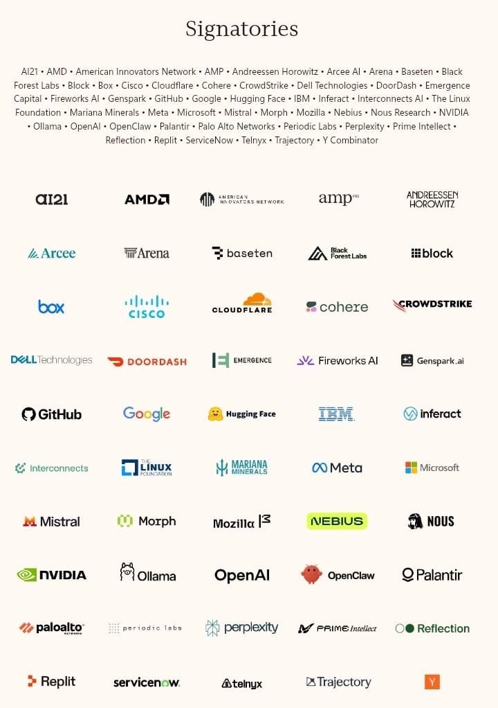 Google, AMD, Cloudflare 等也正式签署开放权重和美国人工智能领导力公开信
