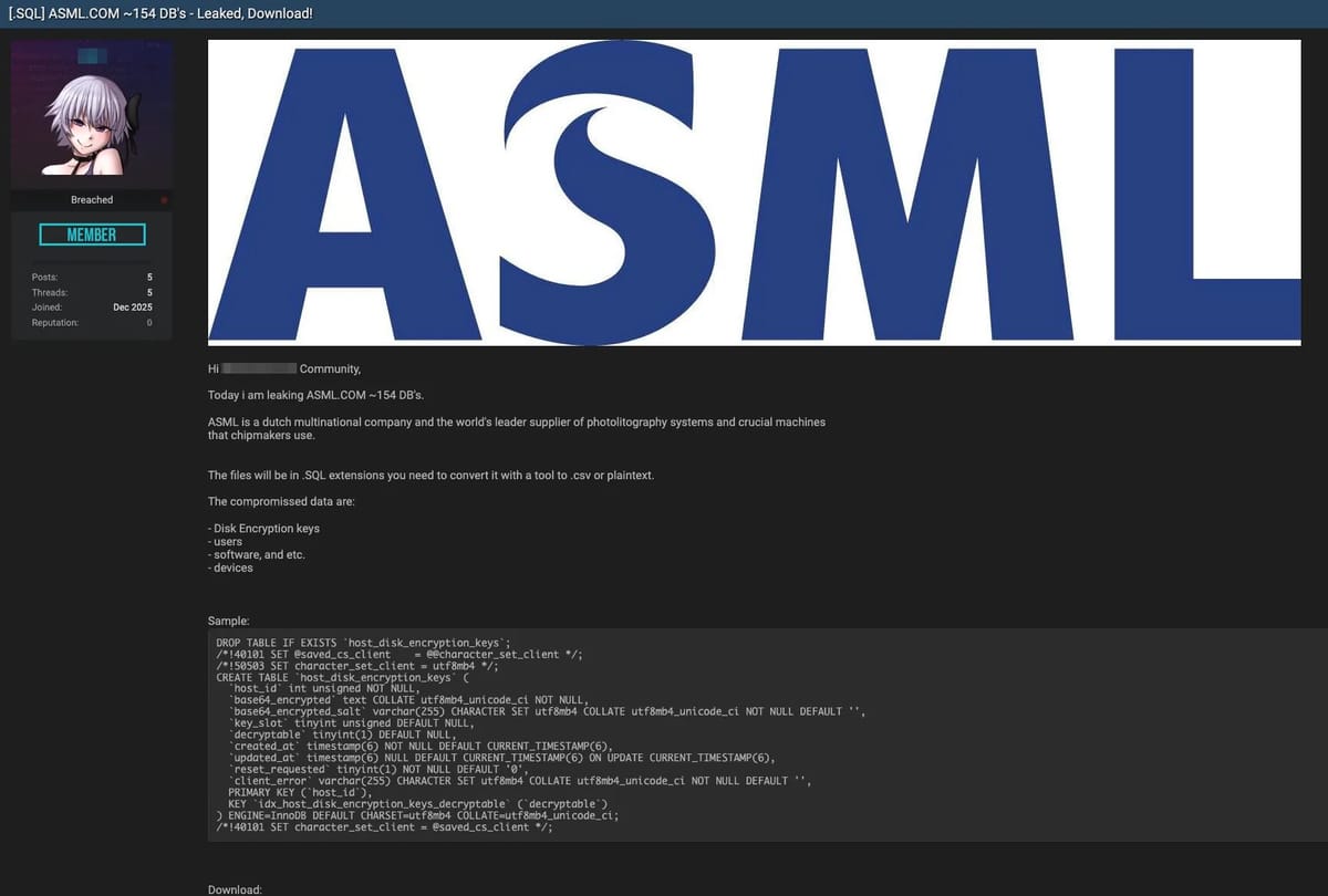 ASML 疑遭大规模数据泄露，154 个数据库据称被发布至网络论坛
