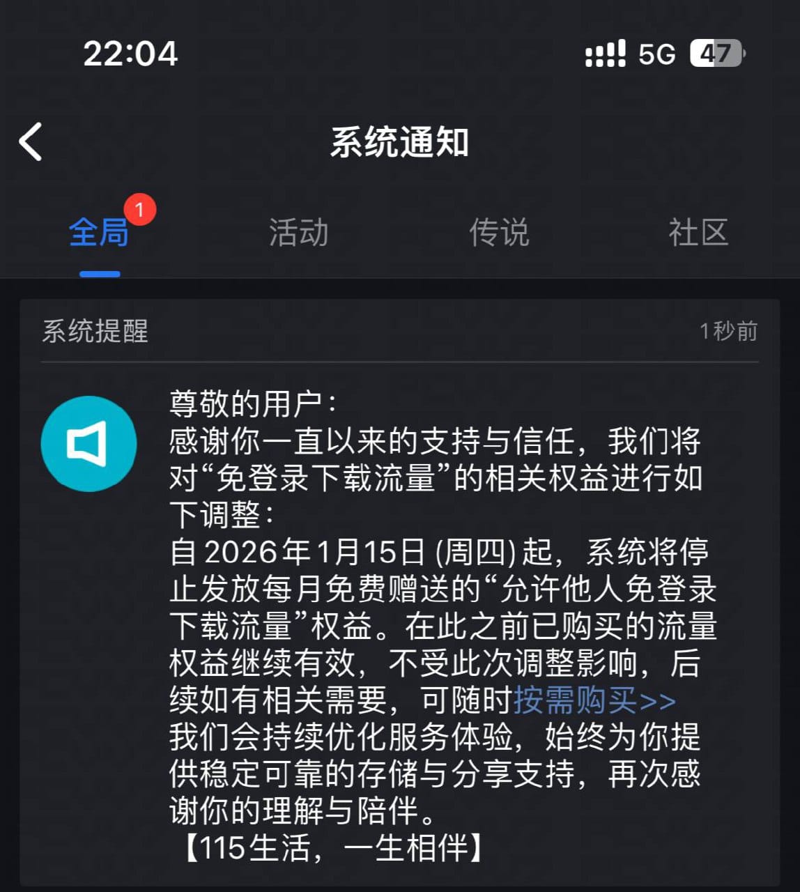 115网盘将于1月15日起停止发放每月免费“免登录下载流量”权益