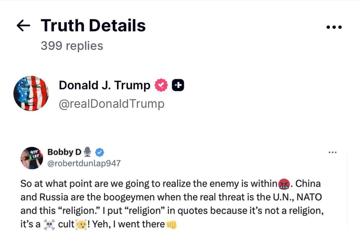 特朗普转发帖文称联合国与北约系美国“真正敌人”