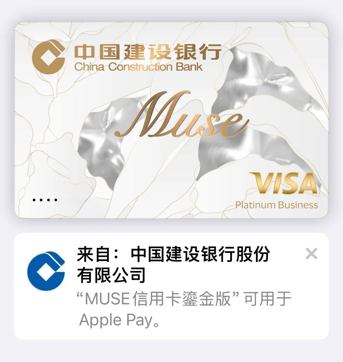 中国建设银行发行的 Visa 信用卡现已支持绑定到 Apple Pay