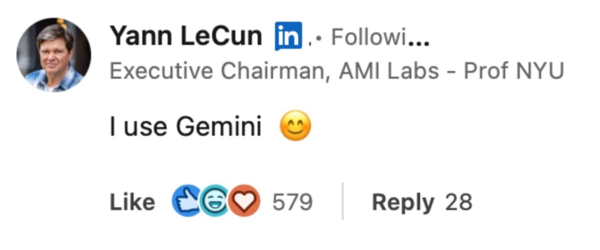 Meta 前首席 AI 科学家 LeCun 在领英公开表示偏好 Google Gemini