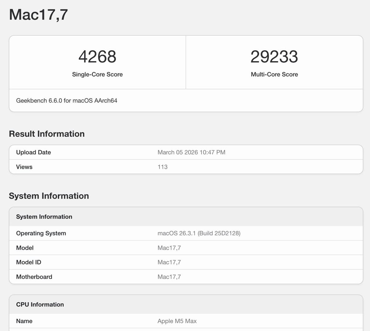 Geekbench 6 出现 M5 Max 跑分记录，单核成绩超过其他消费级 PC 处理器，多核成绩高于 M3 Ultra