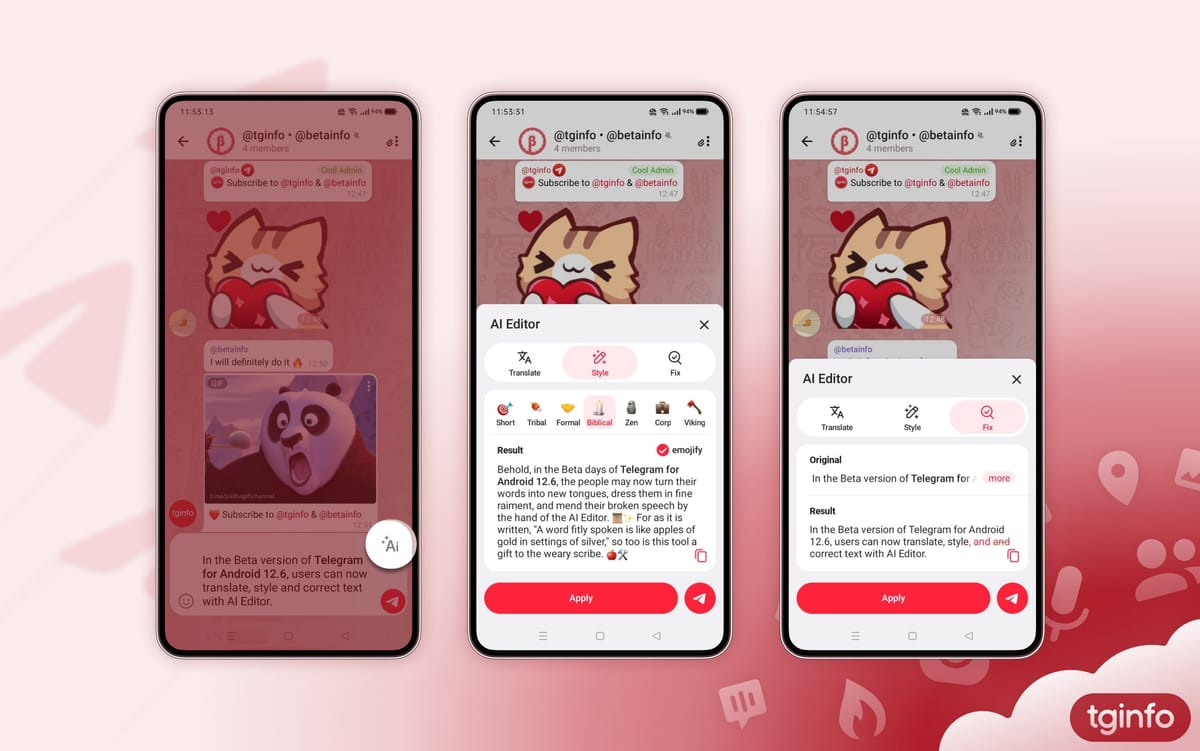 Telegram Android Beta 版内置 AI 文本编辑器