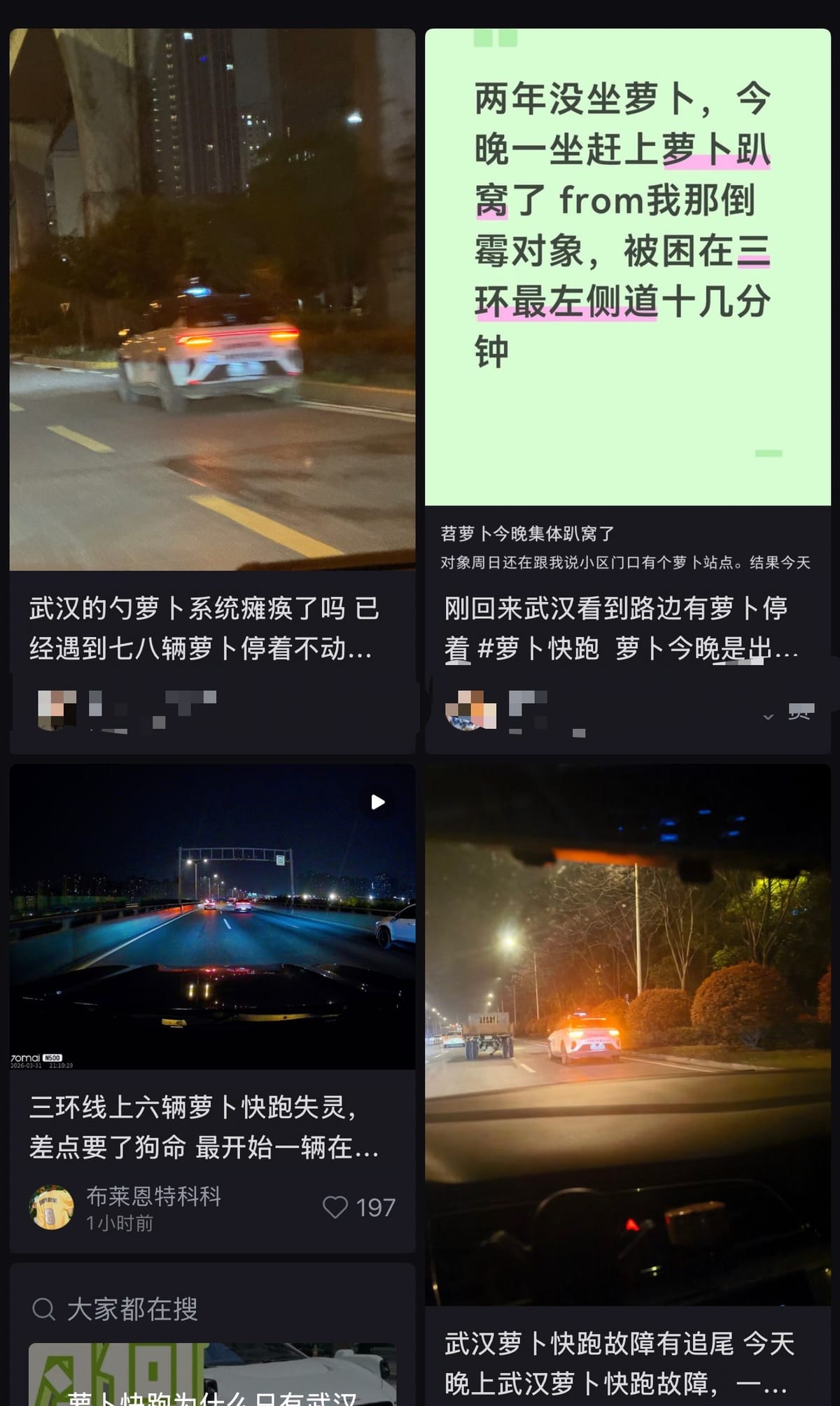 武汉萝卜快跑夜间故障，多名乘客被困高架，客服称因网络原因