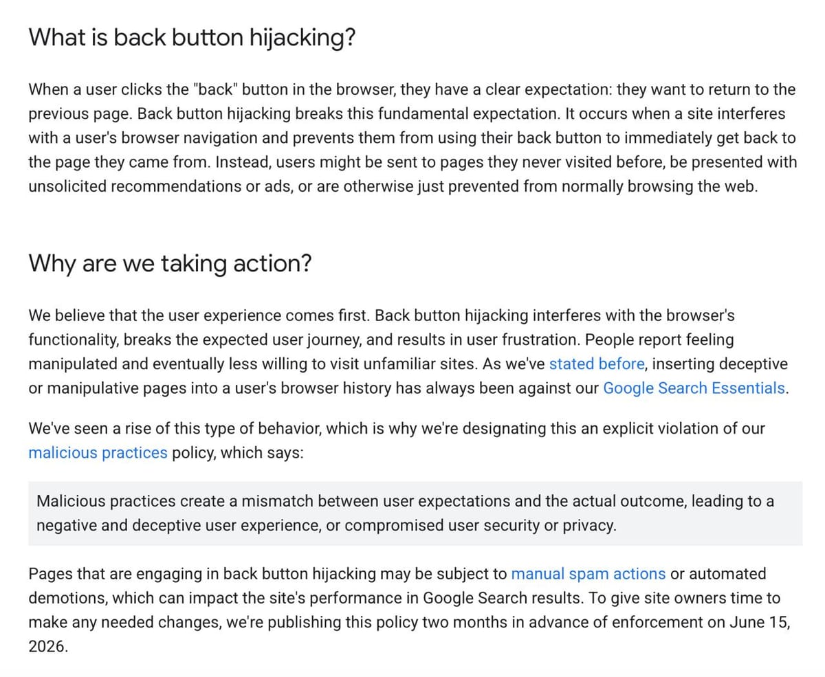 谷歌搜索将打击“后退按钮劫持”行为，违规站点或被降权