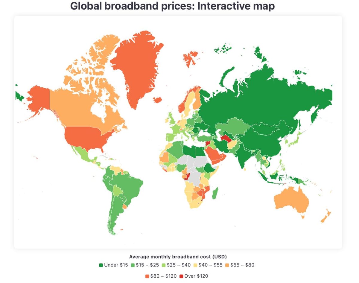 2026 全球宽带价格报告：伊朗资费全球最低，北美平均月费近百美元，中国排名第16月均花费14.3美元