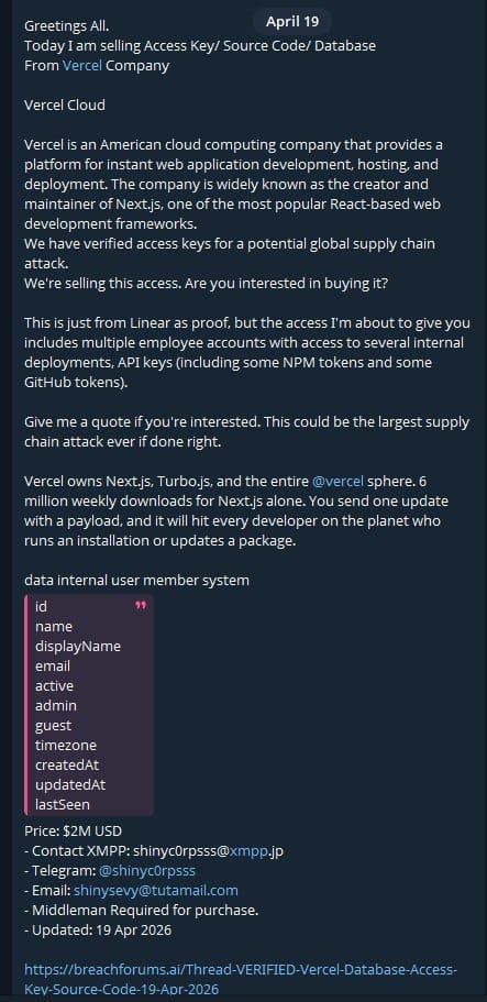 Vercel 内部系统遭黑客入侵，核心源码及敏感令牌被公开出售